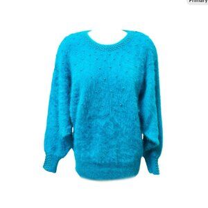 1980's Gina Lee Ridiculously Soft Angora Dolman Sleeve Teal Beaded Sweater